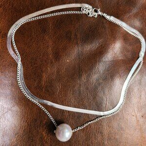 Silvertone and Pearl Necklace Set with Earrings